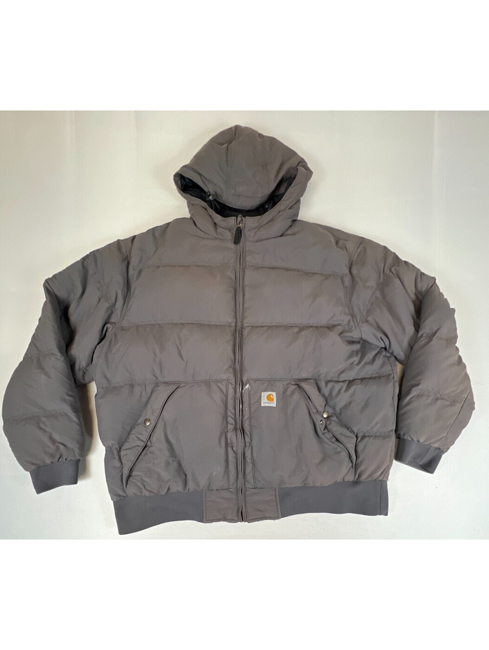 Carhartt Men XL Down Puffer Jacket Gray Full Zip Hooded Winter Outerwear